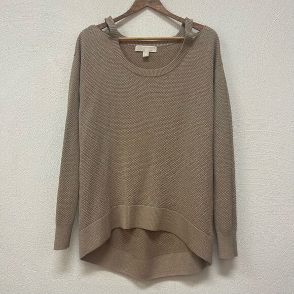 Michael Kors Sparkly Cold Shoulder Sweater Long Sleeve Hi-Low Hem Tan Sz Medium - Picture 1 of 4